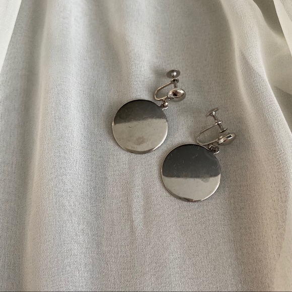VTG Silver Round Mirror Smooth Screw-back Earrings - Picture 2 of 5